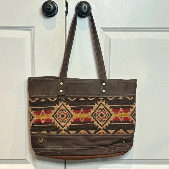 Myra Bag Brick Brown Leather Red Tan Embroidered Cotton Canvas Tote - Picture 1 of 11